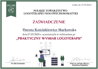 Udział w webinarium "Praktyczny wymiar Logoterapii" - IX.2020