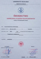 Świadectwo ukończenia studiów podyplomowych - Przygotowanie pedagogiczne